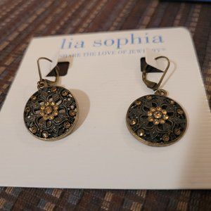 Lia Sophia Rosette Antique Gold Tone w/Cut Crystals Earrings